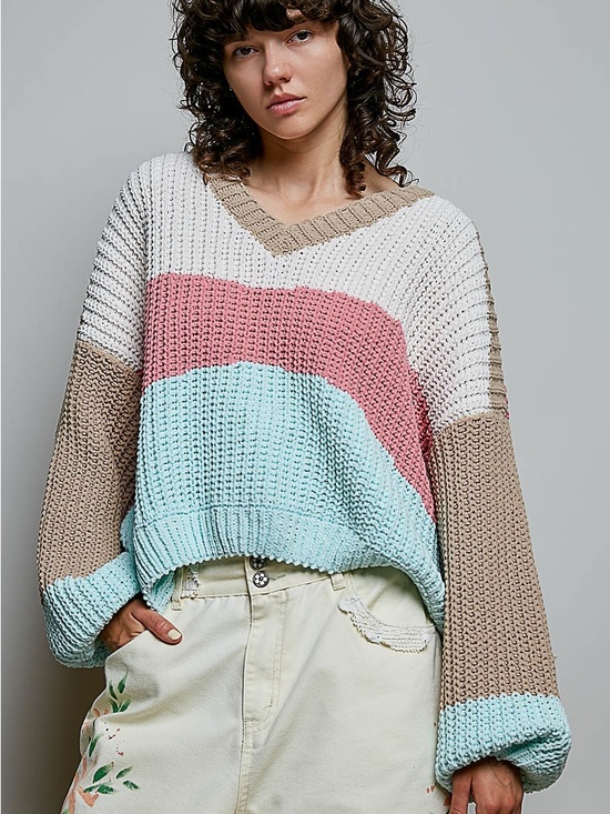POL Sweaters - GST361 POL Colorblock V-Neck Sweater in Pink, Mint & Beige